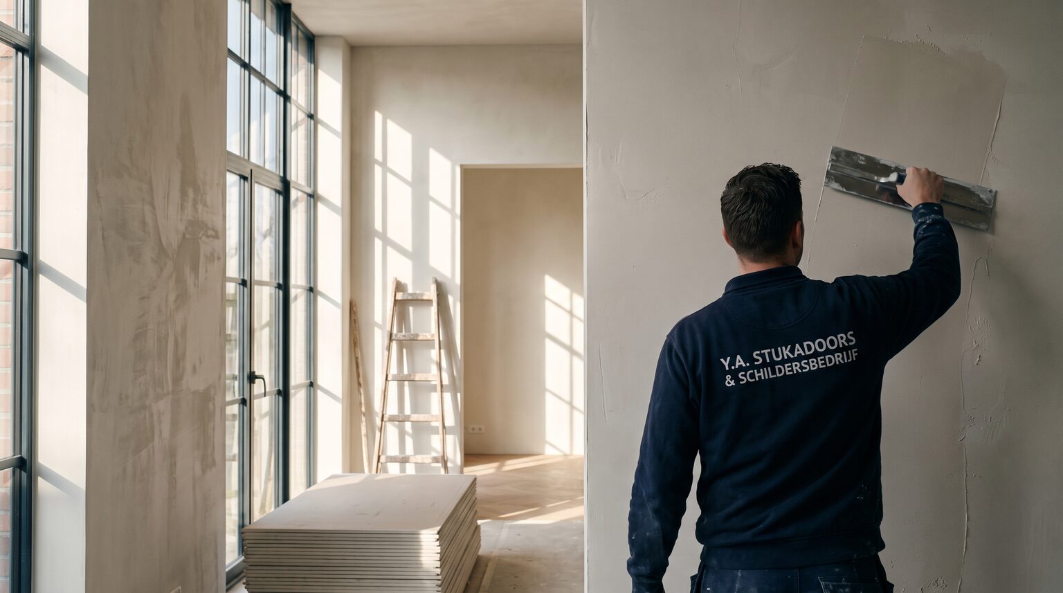 Stukadoor van Y.A. Stukadoors werkt aan het stucwerk van een wand in een nieuwbouwwoning