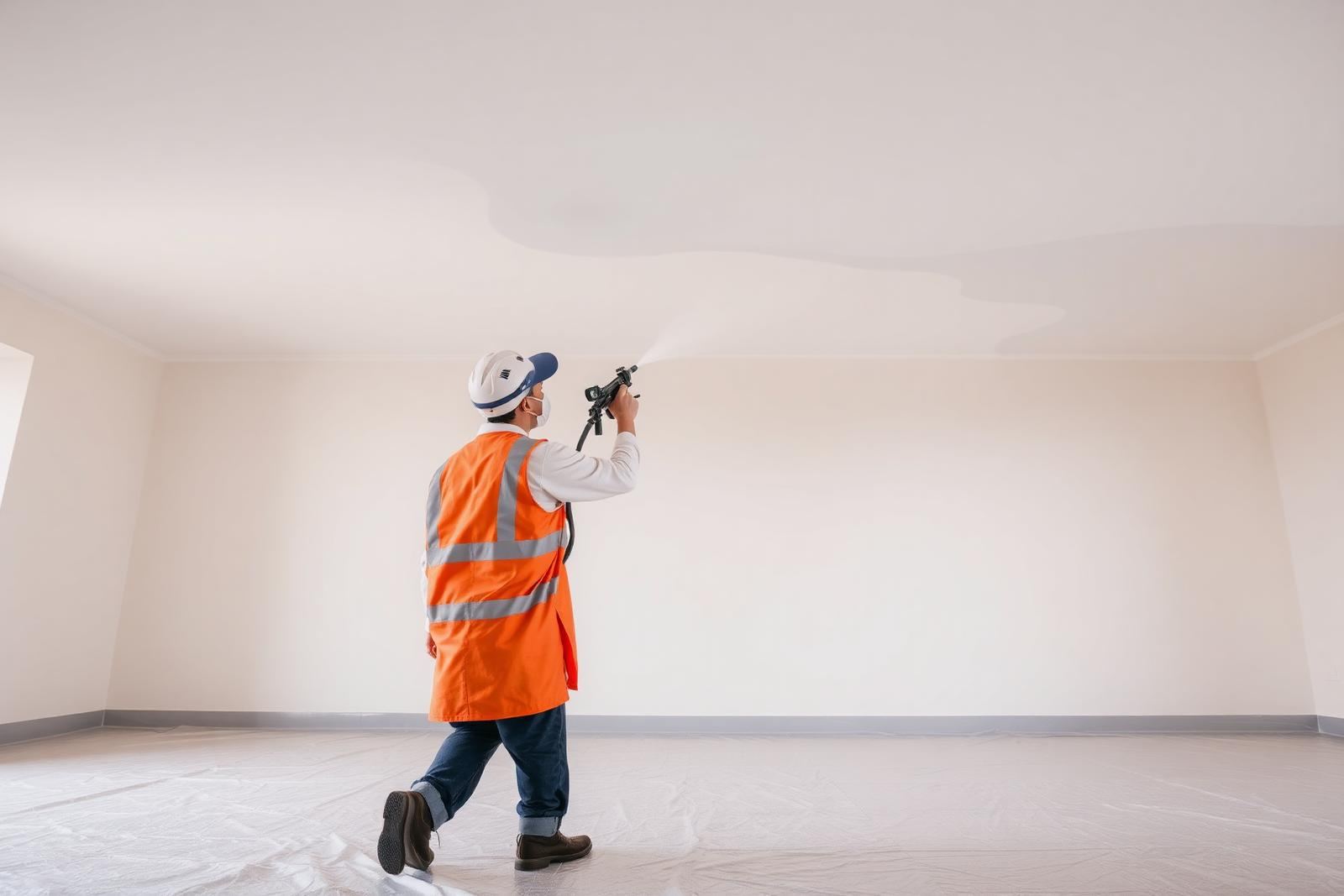 Latex spuiten van een plafond met professionele spuitapparatuur