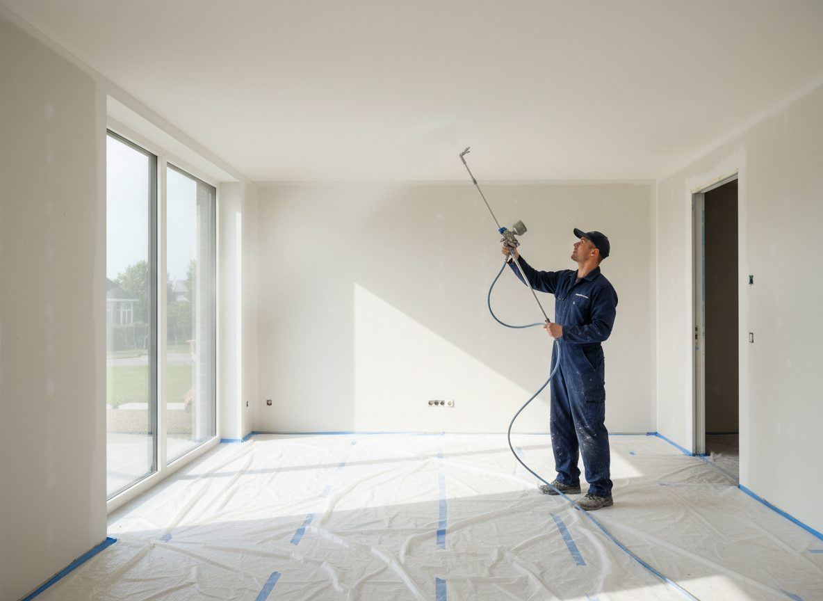 Schilder spuit wanden en plafond met witte latex in een afgeplakte kamer