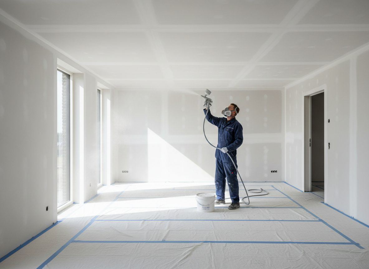 Schilder spuit een plafond met witte latex in een nieuwbouwwoning