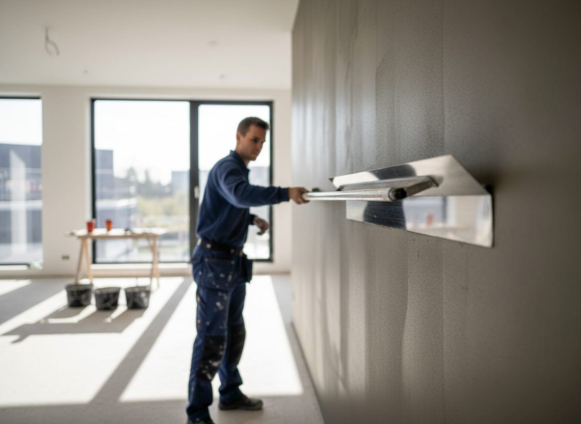 Stukadoor trekt pleisterwerk glad met een spackmes in een woning
