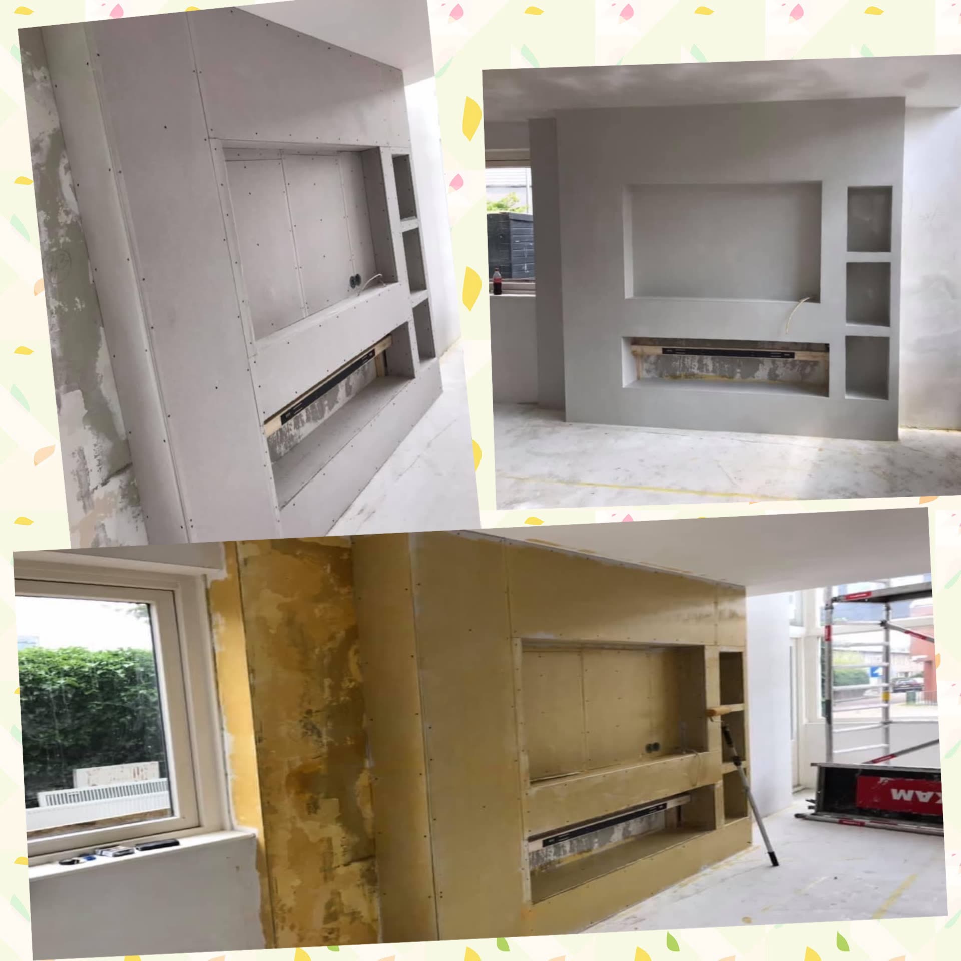 Op maat gebouwde cinewall met inbouwnis, van opbouw tot gestucte afwerking